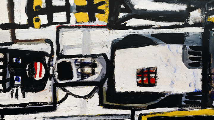 A black, white and yellow abstract painting